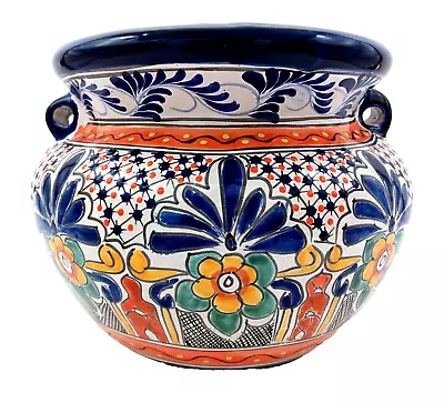 Talavera Pottery Planter Mexican Ceramic Flower Pot Blue Orange Puebla 12  • $72