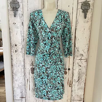 AA Studio Size 8 Woman's Turquoise Blue Brown Black Floral Career Wrap Dress • $29.95