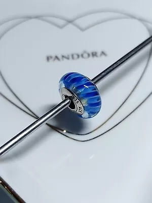 Genuine Pandora Silver Blue & White Stripe Murano Glass Bead Charm 925 ALE • £10