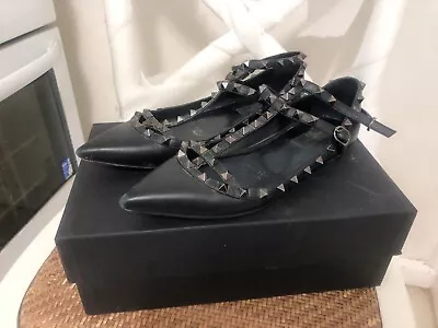 Valentino Garavani Black Leather Rockstud Ankle Strap Ballet Flats，Authentic • $500