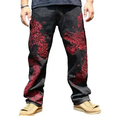 Mens Jeans Japanese Embroidery Denim Pants Straight Dragon Totem Trousers 30-42 • £107.99