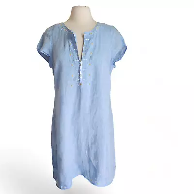 HIHO Tortola BVI 100% Linen Dress Womens Large Blue Tunic Shift Cover Up Daisy • $27