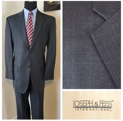 Joseph & Feiss 2 Piece Suit Mens 42L 36x32 Glen Plaid Gray Blue 2 Button Pleated • $57.10