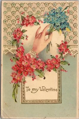 Vintage VALENTINE'S DAY Embossed GEL Postcard Lady' Hand / Forget-Me-Not Flowers • $5.60