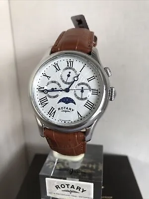 Rotary Men's Moon Phase Silver Dial Analog Brown Leather Strap Watch GS02838/01 • £159.99