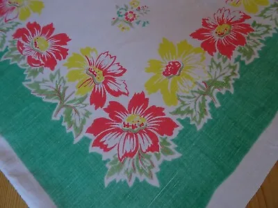 Bright Vintage Retro Printed Linen Tablecloth. Spring Flowers 108cm Sq Easter • £9.99