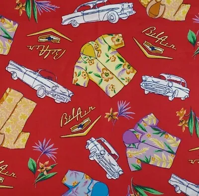 Vtg Concord Fabrics Chevy Bel Air Classic Car Hawaiian Print Fabric Red 1.5 Yds • $18.95