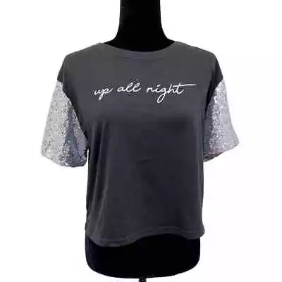 Mighty Fine Black And Silver Sequined Graphic Short Sleeve Top Size L. NEW  • $15