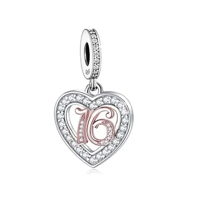 $27.99 • Buy S925 Silver & Rose Gold 16th Birthday Open Heart Charm By Unique Designs