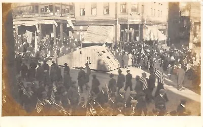 Springfield Vermont~Patriotic WWI Parade~Tank Float~Men March Flags~c1918 RPPC • $16.94