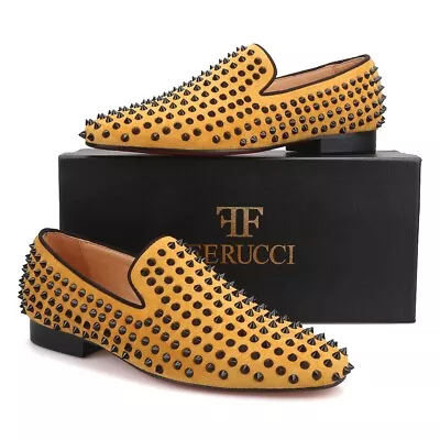 Men FERUCCI Gold Yellow  Velvet Slippers Loafers Flat With Black Spikes Rivets • $199.99