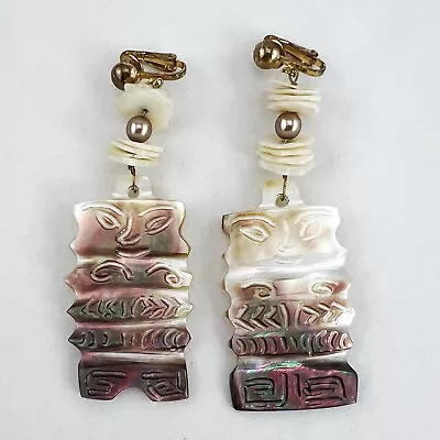 Artisan Mother Of Pearl Mayan God Clip On Earrings EACH A BIT DIFFERENT • $26