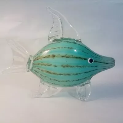 Murano Style Blown Art Glass Tropical Fish 10 L X 8  Teal W Stripes VGC • $34.99