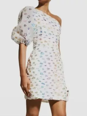$495 Shoshanna Women's White Puff-Sleeve Ronnie Ruched Mini Dress Size 10 • $158.78
