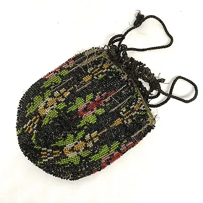 Antique Art Deco Nouveau Drawstring Beaded Purse Black W/ Colorful Pattern Parts • $19