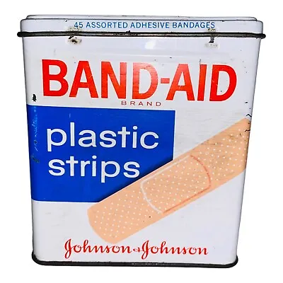 Vintage Band-Aid Plastic Strips Metal Tin Box Hinged Lid Johnson & Johnson Empty • $8.99