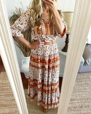 $135 • Buy Size 8 ARNHEM Bloom Orange Blossom And White Long Sleeve Top And Long Skirt