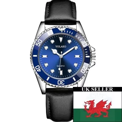 Gents Blue Face “Mercedes” Hands Blue Bezel Black Genuine Leather Strap Watch • £8.99