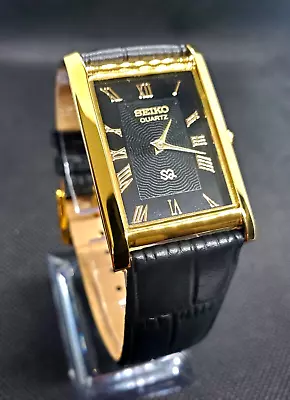 Clean Vintage Seiko New Movt & Battery Men's Classic Slim Tank Gold Black Watch • $77.99