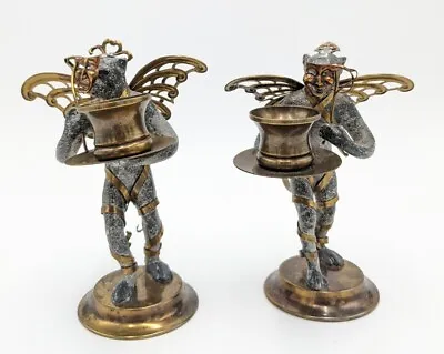 Petite Choses Winged Flying Monkey Candle Holders Pewter Brass Comedy & Tragedy • $134.87