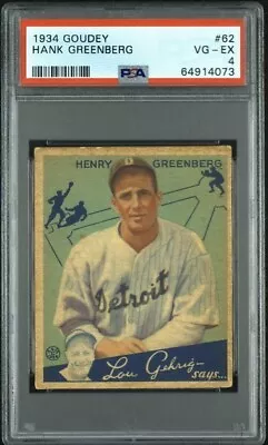 $2900 • Buy 1934 Goudey #62 Hank Greenberg PSA 4 New Label Vintage Baseball