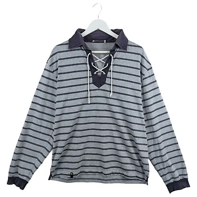 Mens Grey Stripe Long Sleeve Lace Up Polo Shirt Size XL • £10