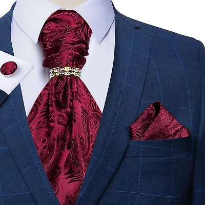 £11.99 • Buy Men's Ascot Cravat Tie Silk Paisley Hanky Cufflinks Ring Set For Wedding Party