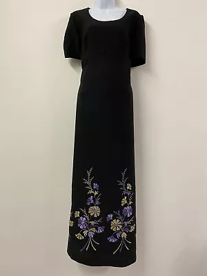 Vintage Maxi Dress Black Size 12 Long Short Sleeve Floral Embroidery Purple Gold • $41.26