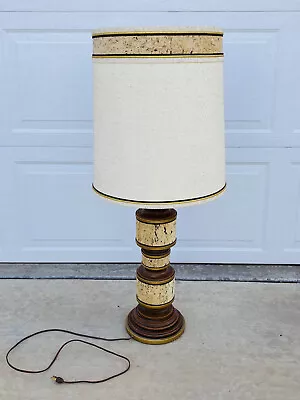 Mid Century Modern Cork Wood Lamp & Lampshade LARGE TALL HUGE Like Brady Bunch • $206.40