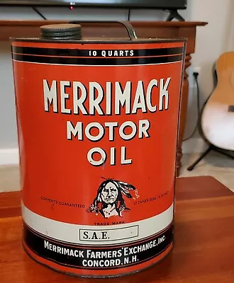 RARE Merrimack Motor Oil Can 10 Quart Steel Container Indian Chief Motifs Garage • $195