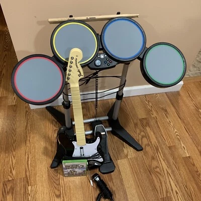 $229.95 • Buy Xbox 360 Rock Band Wired Bundle Drums Pedal Guitar Strap, Sticks, Game And Mic