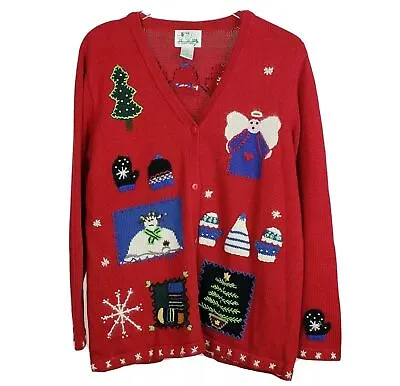 The Quacker Factory Christmas Cardigan Knit Embroidered Winter Red Womens Large • $16.09