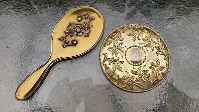 Vintage Gold Color Brass Compact Purse Mirror & Handheld Ornate Vanity Antique • $2