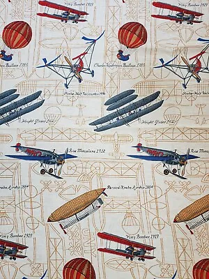 Estate Fabric Vintage Retro Airplane Plane  Biplane Glider Pieces   2+ Yards  • $14