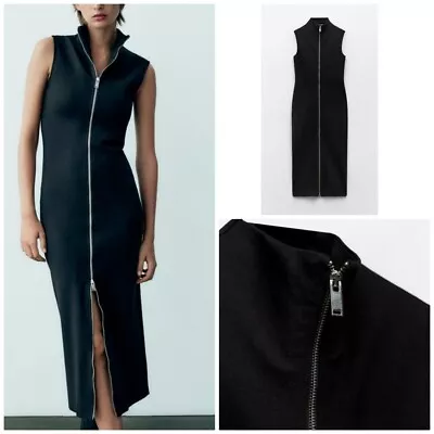 ZARA BLACK Bodycon DRESS WITH ZIP AT FRONT SIZE S  BNWT Bloggers Fave  • £28