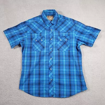 Wrangler Western Shirt Plaid Pearl Snap Short Sleeve Mens XL Dark Blue Workwear • $14.97