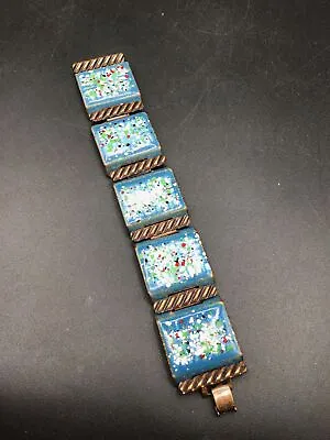 Vintage Copper Bracelet Matisse Signed Blue Enamel & Colorful Dot Panel Bracelet • $49