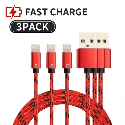 3 Pack USB Fast Charge Cable Heavy Duty Nylon For IPhone 13 12 11 8 7 6 IPad Red • $3.99