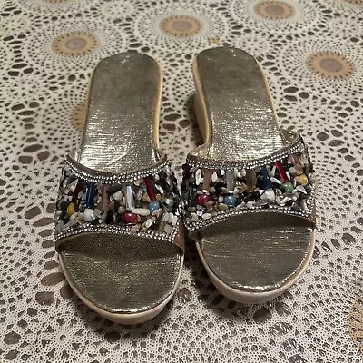 Comfortable Healed Sandals With Rhinestones  Gems Crystals Vintage From Egypt • $25