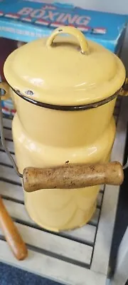 Vtg Enamel Milk Can Jar Container Yellow Made In Poland 2 Piece W/ Wooden Handle • £18