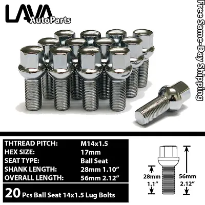 20pc Chrome 14x1.5 Ball Seat Lug Bolt 28mm Shank Fit Volkswagen Stock Wheel&more • $28.99