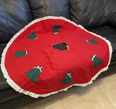 Vintage Handmade Quilted Christmas Tree Skirt Red Green Ruffle Lace Round 43” • $79