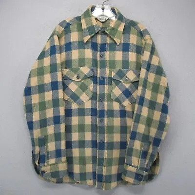 Vintage Woolrich Shirt Jacket Mens Medium Blue Green Wool Mackinaw Checker USA * • $47.95