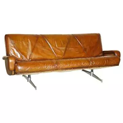 Fully Restored Vintage Mid Century Modern Hand Dyed Brown Leather Stylish Sofa • $8715.70