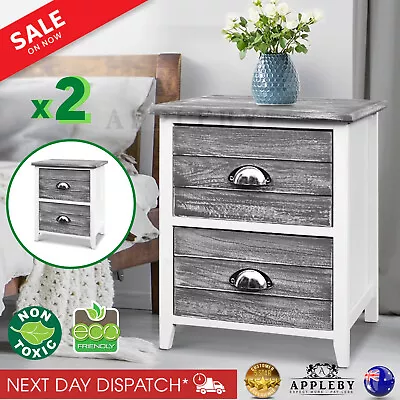 Bedside Tables Drawers X2 Vintage Unit Side Table Cabinet Nightstand Grey • $84.65