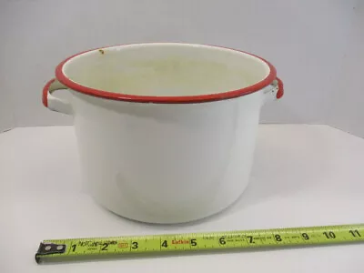Enamelware Pot White W/ Red Trim / Handles Holds 1 Gallon Porcelain GC • $7.97