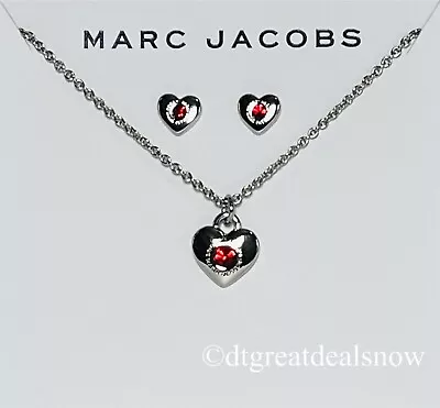 Marc Jacobs Heart Stud Earrings Necklace Red Pendent Set Silver Tone Crystal • $54.98