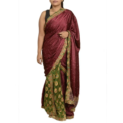 $75 • Buy Sanskriti Vintage Saree Pure Satin Silk Beaded Unique Pre Stitched Lehenga Sari