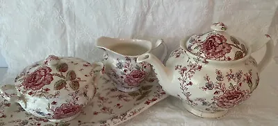 JOHNSON BROTHERS Rose Chintz Teapot Sugar Bowl Creamer & Platter ENGLAND • $250