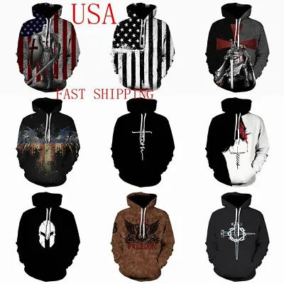 Sweatshirt Hoodie Men Cross Graphic US Flag Hooded Sportswear Lightweight Trendy • $25.86